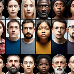 A diverse group of people with varying mental imagery abilities, from aphantasia to hyperphantasia, represented as different camera lenses (from blurry to ultra-HD) to emphasize that there's no "better" way to visualize, just different ways. The scene should include artists, engineers, and everyday people.