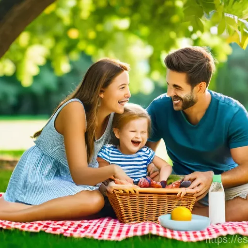 시각적 사고와 데이터 시각화의 관계 - **Prompt:** A heartwarming family picnic scene on a bright, sunny afternoon in a lush green park. A ...