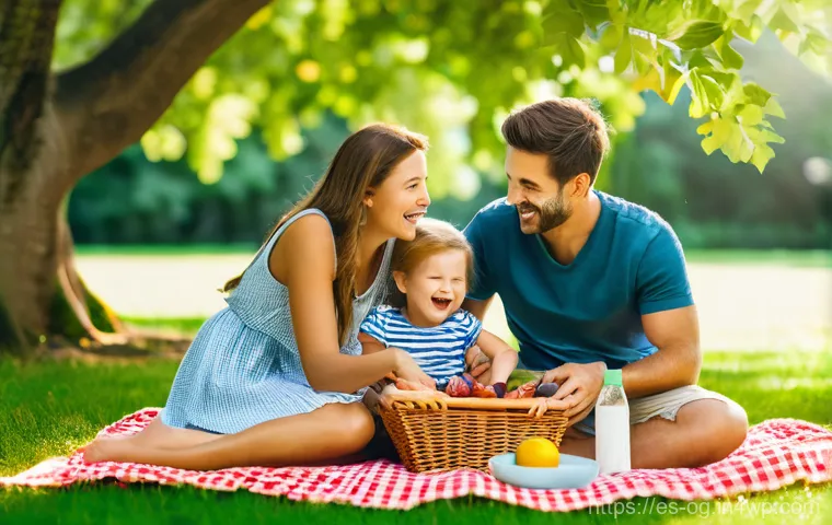 시각적 사고와 데이터 시각화의 관계 - **Prompt:** A heartwarming family picnic scene on a bright, sunny afternoon in a lush green park. A ...