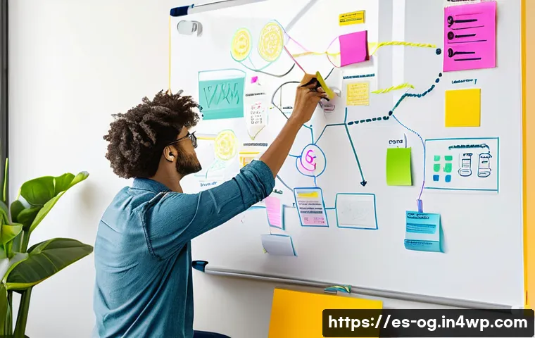 시각적 사고의 개인적 성장 사례 - A vibrant creative workspace scene showing a person sketching a colorful mind map on a large whitebo...
