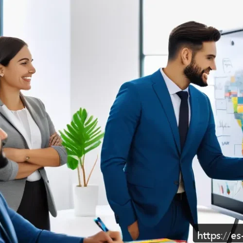 Home 15 시각적 사고와 기업 혁신의 관계 - A diverse professional team collaborating around a large digital interactive whiteboard in a modern ...